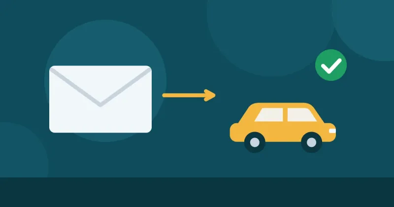 Ilustração de um envelope com uma seta em direção a um carro e um sinal de confirmação, representando a comunicação de venda ao Detran